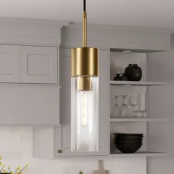 Lance 3.5" Wide Pendant With Glass Shade In Brass/Clear -office furniture sale 5e8612d74b50ecf311be6bea070d2ad318