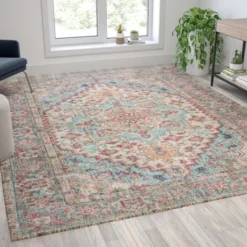 Katherine Distressed Vintage Medallion Area Rug - 8' X 10' - Blue Multi Polyester