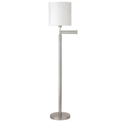 Moby Swing Arm Floor Lamp With Fabric Drum Shade In Brushed Nickel/White