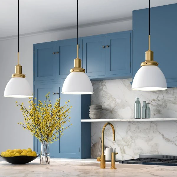 Madison 12" Wide Pendant With Metal Shade In White/Brass/White 2 Madison 12" Wide Pendant With Metal Shade In White/Brass/White - Image 2