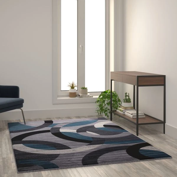 Harken Collection Geometric 5' X 7' Blue And Gray Olefin Area Rug With Jute Backing, Living Room, Bedroom 1 Harken Collection Geometric 5' X 7' Blue And Gray Olefin Area Rug With Jute Backing, Living Room, Bedroom