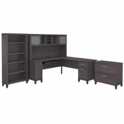 Bush Furniture Somerset 72W L Shaped Desk With Hutch, Lateral File Cabinet And Bookcase In Storm Gray