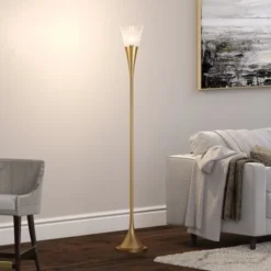 Moura Torchiere Floor Lamp With Glass Shade In Brass/Clear -office furniture sale 61ac29f98a8ee48983ad6ab077e597f821