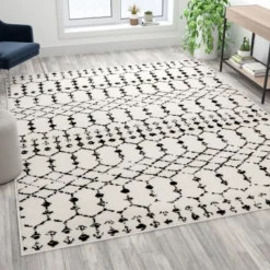 Beth Geometric Bohemian Low Pile Rug - 8' X 10' - Ivory/Black