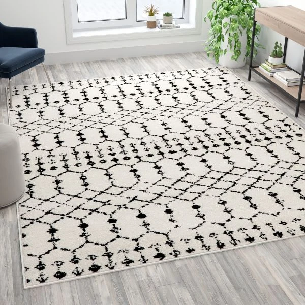 Beth Geometric Bohemian Low Pile Rug - 8' X 10' - Ivory/Black 1 Beth Geometric Bohemian Low Pile Rug - 8' X 10' - Ivory/Black