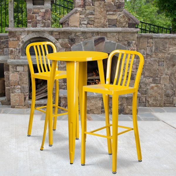 Flash Furniture 24'' Round Yellow Metal Indoor-Outdoor Bar Table Set With 2 Vertical Slat Back Barstools 1 Flash Furniture 24'' Round Yellow Metal Indoor-Outdoor Bar Table Set With 2 Vertical Slat Back Barstools