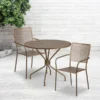 Oia Commercial Grade 35.25" Round Gold Indoor-Outdoor Steel Patio Table Set With 2 Square Back Chairs