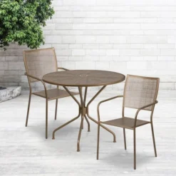 Oia Commercial Grade 35.25" Round Gold Indoor-Outdoor Steel Patio Table Set With 2 Square Back Chairs