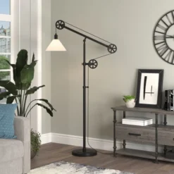 Descartes Pulley System Floor Lamp With Glass Shade In Blackened Bronze/White -office furniture sale 662fcbdc4a841a5e73ecbb76ff21770876