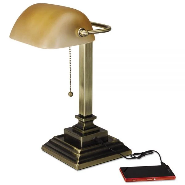 Alera Traditional Banker's Lamp With USB, 10w X 10d X 15h, Antique Brass 1 Alera Traditional Banker's Lamp With USB, 10w X 10d X 15h, Antique Brass