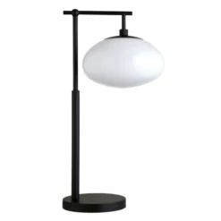Blume 25" Tall Arc Table Lamp With Glass Shade In Blackened Bronze/White Milk