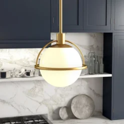 Cieonna 9.38" Wide Pendant With Glass Shade In Brass/White Milk -office furniture sale 66a94d36859cdfa3e19f3ba009a3516836