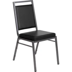 HERCULES Series Square Back Stacking Banquet Chair In Black Vinyl With Silvervein Frame