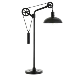 Neo 33.5" Tall Spoke Wheel Pulley System Table Lamp With Metal Shade In Blackened Bronze/Blackened Bronze