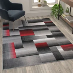 Elio Collection 5' X 7' Red Color Blocked Area Rug - Olefin Rug With Jute Backing - Entryway, Living Room, Or Bedroom