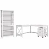 Bush Furniture Key West 60W L Shaped Desk With 2 Drawer Mobile File Cabinet And 5 Shelf Bookcase In Pure White Oak