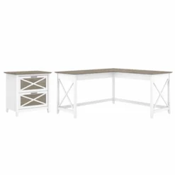 Bush Furniture Key West 60W L Shaped Desk With 2 Drawer Lateral File Cabinet In Pure White And Shiplap Gray