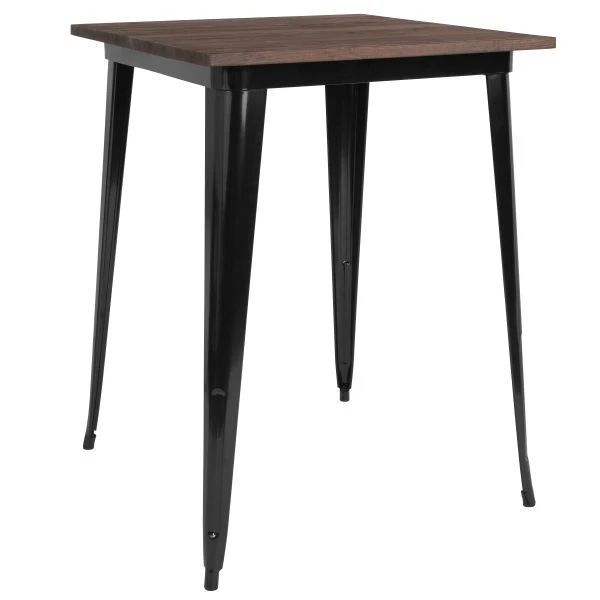 Nolan 31.5" Square Black Metal Indoor Bar Height Table With Walnut Rustic Wood Top 2 Nolan 31.5" Square Black Metal Indoor Bar Height Table With Walnut Rustic Wood Top - Image 2