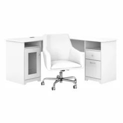 Bush Furniture Cabot 60W L Shaped Computer Desk With Mid Back Leather Box Chair In White
