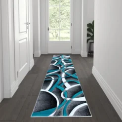 Atlan Collection 2' X 7' Turquoise Abstract Area Rug - Olefin Rug With Jute Backing - Entryway, Living Room Or Bedroom