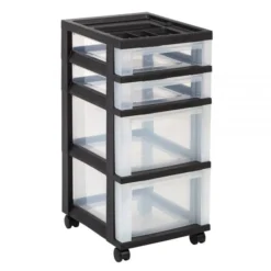Plastic 4-Drawer Storage Cart, 26 7/16" X 12 1/16" X 14 1/4", Black