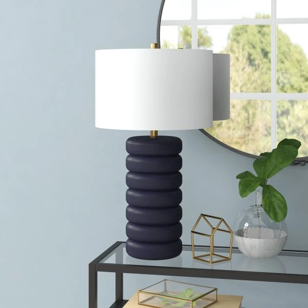 Zelda 25" Tall Ceramic Bubble Body Table Lamp With Fabric Shade In Matte Navy/Brass/White 2 Zelda 25" Tall Ceramic Bubble Body Table Lamp With Fabric Shade In Matte Navy/Brass/White - Image 2