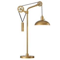 Neo 33.5" Tall Spoke Wheel Pulley System Table Lamp With Metal Shade In Brass/Brass