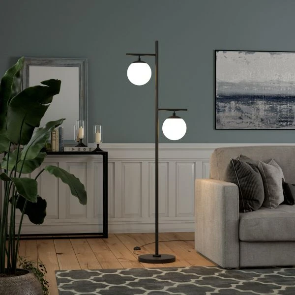 Pyrus 2-Light Floor Lamp With Glass Shades In Blackened Bronze/White Milk 8 Pyrus 2-Light Floor Lamp With Glass Shades In Blackened Bronze/White Milk - Image 8