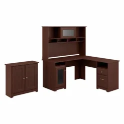 Bush Furniture Cabot L Shaped Desk With Hutch And Small Storage Cabinet With Doors In Harvest Cherry