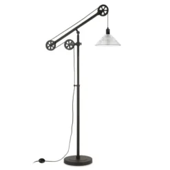 Descartes Pulley System Floor Lamp With Ribbed Glass Shade In Blackened Bronze/Clear