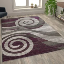 Cirrus Collection 8' X 10' Purple Swirl Patterned Olefin Area Rug With Jute Backing For Entryway, Living Room, Bedroom