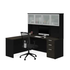Bestar Pro-Concept Plus L-Desk With Frosted Glass Door Hutch In Deep Grey & Black