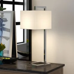 Grayson 26" Tall Table Lamp With Fabric Shade In Polished Nickel/White -office furniture sale 7562f78d8046fd747428374deb237971b7