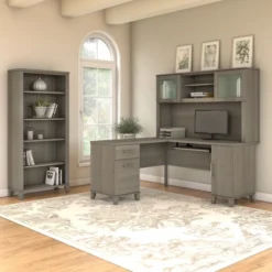 Bush Furniture Somerset 60W L Shaped Desk With Hutch And 5 Shelf Bookcase In Ash Gray -office furniture sale 75e305e8e12d17a54946ecab50a75ea536