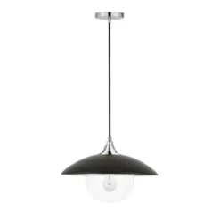 Alvia 14.5" Wide Pendant With Metal/Glass Shade In Matte Black/Polished Nickel/Clear