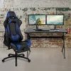 Optis Black Gaming Desk And Blue Footrest Reclining Gaming Chair Set With Cup Holder, Headphone Hook & 2 Wire Management Holes