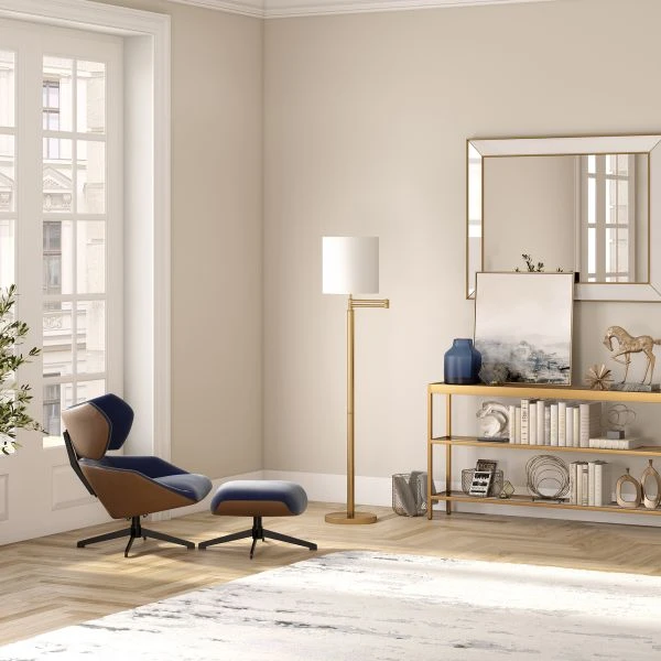 Moby Swing Arm Floor Lamp With Fabric Drum Shade In Brass/White 2 Moby Swing Arm Floor Lamp With Fabric Drum Shade In Brass/White - Image 2