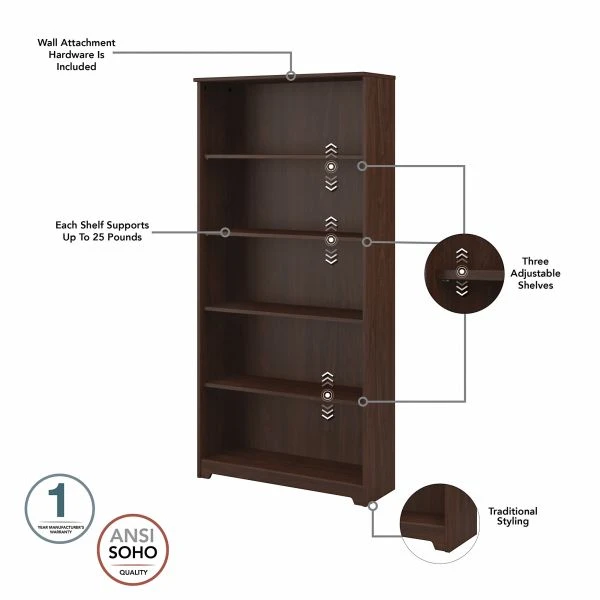 Bush Furniture Cabot Tall 5 Shelf Bookcase In Modern Walnut 4 Bush Furniture Cabot Tall 5 Shelf Bookcase In Modern Walnut - Image 4