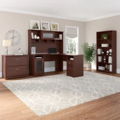 Bush Furniture Cabot L Shaped Desk With Hutch, Lateral File Cabinet And 5 Shelf Bookcase In Harvest Cherry -office furniture sale 7889d34eeb4710cc83a0a36fdcb4429acf