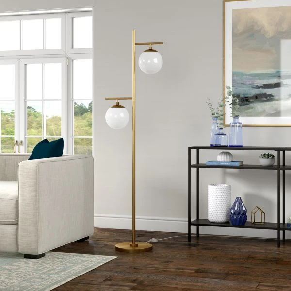 Pyrus 2-Light Floor Lamp With Glass Shades In Brass/White Milk 6 Pyrus 2-Light Floor Lamp With Glass Shades In Brass/White Milk - Image 6
