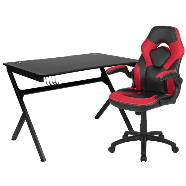 Optis Black Gaming Desk And Red/Black Racing Chair Set With Cup Holder, Headphone Hook & 2 Wire Management Holes 2 Optis Black Gaming Desk And Red/Black Racing Chair Set With Cup Holder, Headphone Hook & 2 Wire Management Holes - Image 2
