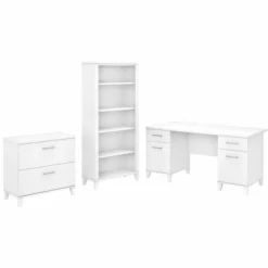 Bush Furniture Somerset 60W Office Desk With Lateral File Cabinet And 5 Shelf Bookcase In White
