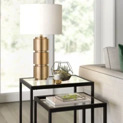 Campbell 27" Tall Table Lamp With Fabric Shade In Brass/White -office furniture sale 7b33729204cd2ef0bb4035f01f4084a85d