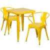 Owen Commercial Grade 23.75" Square Yellow Metal Indoor-Outdoor Table Set With 2 Arm Chairs