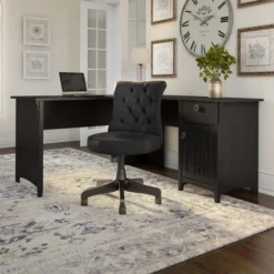 Bush Furniture Salinas 60W L Shaped Desk With Mid Back Tufted Office Chair In Vintage Black -office furniture sale 7d909d6f04b3bb768be78086bba75d2dae