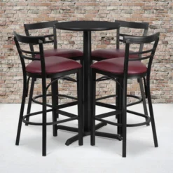 Carlton 24'' Round Black Laminate Table Set With X-Base And 4 Two-Slat Ladder Back Metal Barstools - Burgundy Vinyl Seat