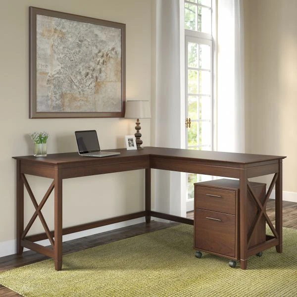Bush Furniture Key West 60W L Shaped Desk With 2 Drawer Mobile File Cabinet In Bing Cherry 3 Bush Furniture Key West 60W L Shaped Desk With 2 Drawer Mobile File Cabinet In Bing Cherry - Image 3