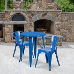 Napoleon Commercial Grade 24" Round Blue Metal Indoor-Outdoor Table Set With 2 Arm Chairs