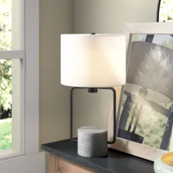 Howland 22" Tall Table Lamp With Fabric Shade In Blackened Bronze/Concrete/White -office furniture sale 817dd3049c132c1b5d1c9d201500ae5558