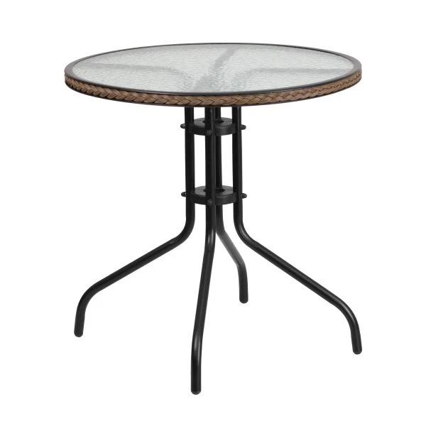 Barker 28'' Round Tempered Glass Metal Table With Dark Brown Rattan Edging 2 Barker 28'' Round Tempered Glass Metal Table With Dark Brown Rattan Edging - Image 2